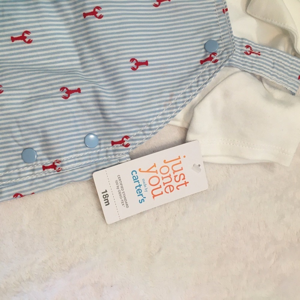 Carter's Baby Denim Overalls – Lobster Patch & Blue Stripes, Nautical Theme - Picture 2 of 2